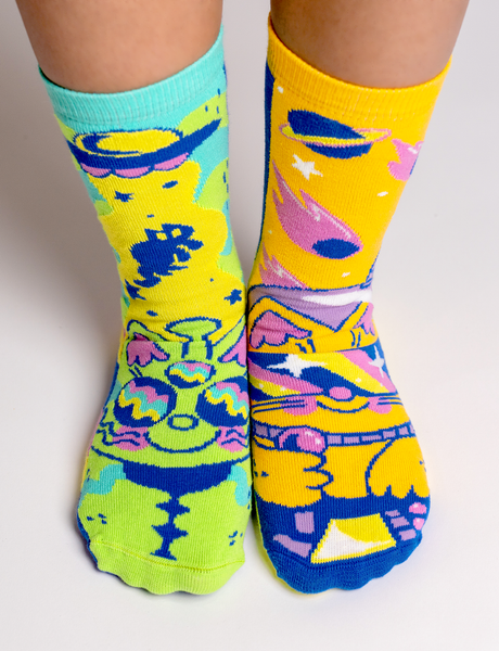 Lunar & Tick Outer Space Cats Non-Slip Grip Socks for Kids