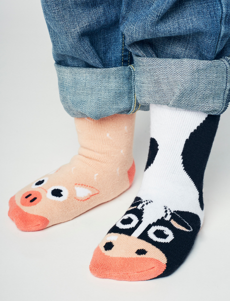 Cow & Pig Mismatched Non-Slip Kids Socks: KIDS LARGE