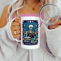 The Reader Skeleton Tarot Card Insulated Travel Mug