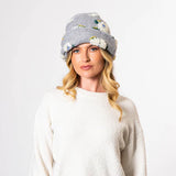 Keyes Machine Knit Cuffed Beanie with Sherpa Flowers