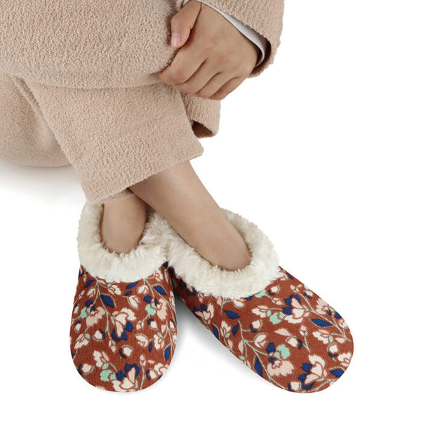 Women's Floral Bloom Corduroy Sherpa Lined Non Skid Slipper Socks