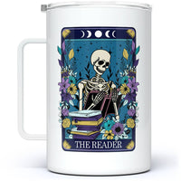 The Reader Skeleton Tarot Card Insulated Travel Mug