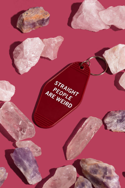 Straight People Are Weird LGBTQ Motel Keychain in Dark Red