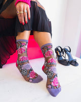 Skulls & Roses Black Sheer Crew Sock