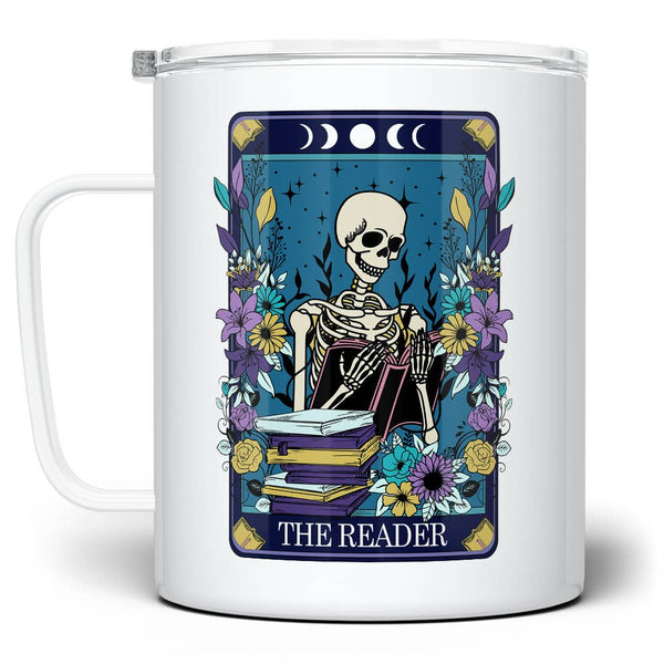 The Reader Skeleton Tarot Card Insulated Travel Mug