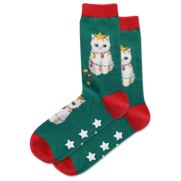 Fuzzy Christmas Tree Cat Sock with grips on the sole