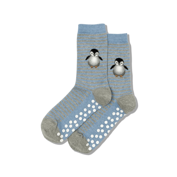 Fuzzy Penguin Striped Sock with grips on the sole